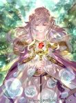  1girl circlet closed_mouth company_name copyright_name deirdre_(fire_emblem) dress fire_emblem fire_emblem:_genealogy_of_the_holy_war fire_emblem_cipher holding holding_staff long_hair long_sleeves official_art purple_eyes purple_hair smile solo staff suzuki_rika tree wide_sleeves 