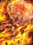  1girl cape celica_(fire_emblem) company_name copyright_name fingerless_gloves fire fire_emblem fire_emblem_cipher fire_emblem_echoes:_shadows_of_valentia full_body gloves long_hair official_art open_mouth red_eyes red_hair solo suzuki_rika thighhighs tiara 