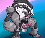  animal_genitalia animal_penis balls canine_penis keishinkae knot male mammal nintendo obstagoon penis pok&eacute;mon pok&eacute;mon_(species) simple_background solo tongue tongue_out video_games 