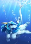  2019 anthro blue_eyes blue_hair breasts bubble butt dragon female hair horn non-mammal_breasts nude reptile scalie signature smile solo swimming treyer underwater water 