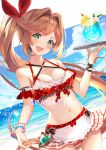  1girl 2019 :d aoi_(kirabosi105) apron bangs bare_shoulders bikini bikini_skirt blush bracelet breasts brown_hair cherry clarisse_(granblue_fantasy) cleavage cloud collarbone copyright_name criss-cross_halter cup drink drinking_glass drinking_straw eyebrows_visible_through_hair food frilled_apron frilled_bikini frills fruit granblue_fantasy green_eyes hair_intakes hair_ribbon halterneck head_tilt highres holding holding_tray jewelry long_hair looking_at_viewer medium_breasts navel ocean open_mouth orange orange_slice outside_border plaid plaid_bikini ponytail red_bikini red_ribbon ribbon skirt_hold sky smile solo sparkle stomach swept_bangs swimsuit tray very_long_hair waist_apron water white_apron wristband 