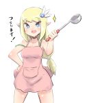  1girl :d apron bangs bare_arms bare_shoulders blonde_hair blue_eyes blush breasts collarbone elf eyebrows_visible_through_hair hair_ornament hand_on_hip holding ladle long_hair low-tied_long_hair medium_breasts naked_apron open_mouth original pink_apron pointy_ears sidelocks simple_background smile solo sparkle translation_request u-non_(annon&#039;an) very_long_hair white_background 