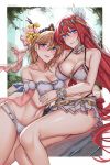  2girls bangs bare_shoulders bikini blonde_hair blue_eyes blush border breasts choker cleavage collarbone english_commentary europa_(granblue_fantasy) flower forest frilled_choker frilled_sarong frills godguard_brodia granblue_fantasy hair_between_eyes hair_flower hair_ornament hanada_yanochi highleg highleg_bikini highres large_breasts long_hair looking_at_viewer multiple_girls nature navel open_mouth red_hair scrunchie short_hair sitting smile swimsuit tiara very_long_hair water waterfall white_border wrist_scrunchie 