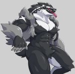  2019 abs anthro anthrofied biped black_fur claws fur hi_res male mammal muscular muscular_male mustelid nintendo obstagoon pecs pok&eacute;mon pok&eacute;mon_(species) simple_background smile solo tongue video_games voviat 