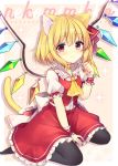 1girl animal_ears bangs beige_background black_legwear blonde_hair blush border cat_ears cat_tail commentary_request crystal drop_shadow eyebrows_visible_through_hair flandre_scarlet hair_between_eyes hair_ribbon highres kemonomimi_mode looking_at_viewer no_hat no_headwear no_shoes pantyhose red_eyes red_ribbon red_skirt red_vest ribbon ruhika short_hair simple_background skirt skirt_set smile solo sparkle tail touhou vest white_border wings wrist_cuffs 