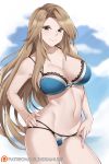  1girl aslindsamure bangs bare_shoulders blue_bra blue_panties blue_sky blush bra breasts brown_eyes brown_hair cleavage closed_mouth collarbone commentary granblue_fantasy hands_on_hips highres katalina_aryze lace lace-trimmed_bra large_breasts long_hair looking_at_viewer multi-strapped_panties navel panties parted_bangs sidelocks sky smile solo thighs underwear 