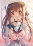  1girl 2019 bangs black_choker blue_sailor_collar blush brown_hair choker collarbone commentary_request eyebrows_visible_through_hair hair_ribbon hasu_(velicia) holding holding_umbrella long_hair looking_at_viewer neck_ribbon original parted_lips red_eyes red_ribbon ribbon sailor_collar school_uniform serafuku solo twintails umbrella upper_body very_long_hair white_umbrella 