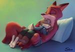  2019 anthro bed bottomwear butt canid canine claws clothed clothing cuddling dipstick_ears disney duo embrace eyes_closed female fox hand_behind_back hi_res hoodie judy_hopps lagomorph leg_markings leporid lying male mammal markings multicolored_ears nick_wilde one_eye_closed open_mouth pillow rabbit s1m shorts simple_background sleeping socks_(marking) toe_claws topless topwear zootopia 