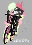  absurdres belt bicycle bicycle_basket biker_clothes black_jacket cravat fire gloves green_hair ground_vehicle half_gloves highres jacket kaba2019 lio_fotia mad_burnish male_focus multiple_belts promare purple_eyes riding 