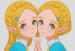  2girls blonde_hair braid cheek-to-cheek commentary dual_persona english_commentary ex-trident from_side green_eyes grey_background hair_ornament hairclip holding_hands long_hair looking_at_viewer multiple_girls parted_lips pointy_ears portrait princess_zelda short_hair simple_background the_legend_of_zelda the_legend_of_zelda:_breath_of_the_wild the_legend_of_zelda:_breath_of_the_wild_2 