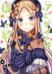  1girl abigail_williams_(fate/grand_order) absurdres animal bangs black_bow black_dress black_headwear blonde_hair blue_eyes blush bow bug butterfly closed_mouth commentary_request cover cover_page dress eyebrows_visible_through_hair fate/grand_order fate_(series) forehead hair_bow hat highres huge_filesize insect light_frown long_hair long_sleeves looking_at_viewer macchaume object_hug orange_bow parted_bangs polka_dot polka_dot_background polka_dot_bow sleeves_past_fingers sleeves_past_wrists solo striped striped_background stuffed_animal stuffed_toy teddy_bear translation_request upper_body vertical-striped_background vertical_stripes very_long_hair 