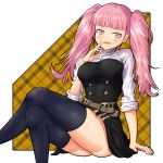  1girl :d ass belt black_legwear black_skirt blush crossed_legs feet_out_of_frame fire_emblem fire_emblem:_three_houses hand_up highres hilda_valentine_goneril open_mouth pink_eyes pink_hair simple_background sitting skirt sleeves_rolled_up smile solo thighhighs twintails uniform ushimittsu 