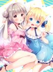  2girls :d animal_ear_fluff animal_ears bare_shoulders blonde_hair blue_bow blue_dress blue_eyes blue_flower blush bow brown_eyes brown_footwear cat_ears commentary_request detached_sleeves double_bun dress fang flower frilled_dress frills grey_hair hair_bow hair_flower hair_ornament hand_up highres index_finger_raised irori long_hair multiple_girls off-shoulder_dress off_shoulder open_mouth original parted_lips pink_dress pink_flower pink_sleeves puffy_short_sleeves puffy_sleeves shoes short_sleeves sleeveless sleeveless_dress smile twintails very_long_hair 