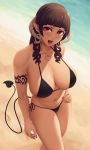  1girl absurdres bangs beach bikini bikini_top blunt_bangs blush breasts brown_hair demon_girl demon_horns demon_tail earrings fangs hand_on_hip heart heart_necklace highres hoop_earrings horns jewelry kedama_keito large_breasts long_hair looking_at_viewer monster_girl navel navel_piercing necklace ocean open_mouth original piercing pointy_ears red_eyes shiny shiny_skin standing swimsuit tail tattoo water 