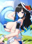  1girl ass bandaid bangs bikini black_hair blue_bikini blue_eyes blush breasts cellphone flower frilled_bikini frills hat hat_flower holding huge_breasts innertube long_hair looking_at_viewer open_mouth original phone smartphone solo sun_hat swimsuit tin_can xiujia_yihuizi 