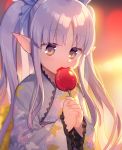  1girl bangs blue_kimono blurry blurry_background blush brown_eyes candy_apple closed_mouth commentary_request depth_of_field eating eyebrows_visible_through_hair fingernails floral_print food hands_together hikawa_kyoka holding holding_food japanese_clothes kimono long_hair long_sleeves looking_at_viewer own_hands_together pointy_ears princess_connect! princess_connect!_re:dive print_kimono purple_hair sidelocks sleeves_past_wrists solo twintails upper_body uso_(ameuzaki) very_long_hair wide_sleeves 