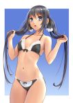  1girl :o bare_arms bare_shoulders bikini black_bikini black_hair blue_eyes breasts collarbone commentary_request cowboy_shot earrings front-tie_bikini front-tie_top halter_top halterneck hands_up highres holding holding_hair jewelry katahira_masashi long_hair looking_at_viewer maid_bikini navel open_mouth original sidelocks small_breasts solo swimsuit twintails two-tone_background very_long_hair 