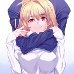  1boy 1girl ahoge arcueid_brunestud auru_t blonde_hair breasts commentary eyebrows_visible_through_hair gakuran hair_between_eyes hair_intakes hug hug_from_behind japanese_clothes long_sleeves medium_breasts red_eyes school_uniform short_hair smile sweater toono_shiki tsukihime turtleneck 