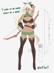  1girl ahoge arm_up armband armpits arrow artist_name bangs bare_shoulders blonde_hair boots bow_(weapon) breasts brown_footwear butter-t cleavage commentary dark_skin elf english_commentary english_text eyebrows_visible_through_hair eyes_visible_through_hair gloves green_eyes green_ribbon green_shorts groin hair_between_eyes hair_ribbon hand_on_hip holding holding_bow_(weapon) holding_weapon large_breasts legs_apart long_hair looking_at_viewer lowleg lowleg_shorts navel original parted_lips pointy_ears ponytail quiver ribbon short_shorts shorts simple_background solo stomach thigh_boots thighhighs twitter_username very_long_hair weapon 