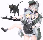  2girls animal apron bangs black_apron black_cat black_footwear black_hairband black_shorts blush cat collared_shirt dress_shirt eyebrows_visible_through_hair facial_mark flat_cap frilled_apron frills g11_(girls_frontline) girls_frontline green_eyes green_headwear green_jacket grey_eyes grey_legwear hair_ornament hairband hat highres hk416_(girls_frontline) jacket lee_seok_ho long_hair long_sleeves mini_hat multiple_girls open_clothes open_jacket open_mouth pleated_skirt purple_headwear ribbed_legwear shirt shoes short_shorts shorts silver_hair simple_background skirt socks standing standing_on_one_leg tilted_headwear very_long_hair white_background white_shirt white_skirt 