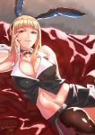  1girl animal_ears arm_behind_back bare_shoulders black_legwear blonde_hair breasts bunny_ears cleavage commentary_request cuffs gloves jack_hamster long_hair looking_at_viewer lying magical_grim medium_breasts midriff navel on_side original red_eyes signature smile smirk solo 