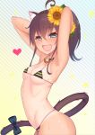  1girl :d ahoge animal_ear_fluff animal_ears arms_up bangs bare_arms bare_shoulders bell bikini blue_eyes blush breasts brown_hair cat_ears cat_girl cat_tail commentary_request diagonal-striped_background diagonal_stripes eyebrows_visible_through_hair fang flower groin hair_between_eyes hair_flower hair_ornament heart high_ponytail highres hololive jingle_bell looking_at_viewer micro_bikini natsuiro_matsuri one-piece_tan open_mouth ponytail small_breasts smile solo star striped striped_background striped_bikini sunflower sunflower_hair_ornament swimsuit tail tan tanline virtual_youtuber wet yellow_flower yoshiheihe 