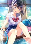  bra feet matsuzaki_miyuki see_through seifuku skirt_lift wet wet_clothes 