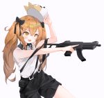  1girl :d bangs bare_arms bare_shoulders black_bow black_shorts blush bow brown_eyes brown_hair collared_shirt dog_mask eyebrows_visible_through_hair girls_frontline gun h&amp;k_ump9 hair_between_eyes hair_bow hair_ornament hairclip highres holding holding_gun holding_mask holding_weapon lee_seok_ho long_hair mask mask_removed open_mouth outstretched_arm shirt short_shorts shorts simple_background sleeveless sleeveless_shirt smile solo submachine_gun suspender_shorts suspenders twintails ump9_(girls_frontline) very_long_hair weapon white_background white_shirt 