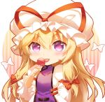  1girl :3 :p bangs blonde_hair blush bow candy circle commentary dress eyebrows_visible_through_hair food hair_between_eyes hair_bow hand_up hat hat_ribbon holding holding_lollipop juliet_sleeves light_particles lollipop long_hair long_sleeves looking_at_viewer mob_cap puffy_sleeves purple_eyes red_bow red_ribbon ribbon shangguan_feiying simple_background smile solo striped tabard tongue tongue_out touhou upper_body vertical_stripes very_long_hair white_background white_bow white_dress white_headwear wide_sleeves yakumo_yukari 