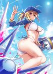 1girl ahoge artoria_pendragon_(all) ass baseball_cap bikini blonde_hair blue_eyes blue_headwear blue_sky blush breasts cleavage closed_mouth cloud commentary_request day fate/grand_order fate_(series) from_below hair_between_eyes hair_through_headwear hand_up hat highres holding holding_weapon jacket kodama_yuu large_breasts long_hair looking_at_viewer mysterious_heroine_xx_(foreigner) navel outdoors ponytail shrug_(clothing) side-tie_bikini sidelocks sky solo sun swimsuit thigh_strap twinmyniad twisted_torso weapon white_bikini 