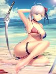  1girl american_flag_bikini arm_behind_head asymmetrical_hair bangs bare_shoulders barefoot beach bikini blue_eyes blue_sky blush breasts bun_cover choker cleavage closed_mouth collarbone fate/grand_order fate_(series) feet flag_print hair_bun highres large_breasts legs long_hair looking_at_viewer minami_koyogi miyamoto_musashi_(fate/grand_order) navel ocean pink_hair sky smile solo sunlight swept_bangs swimsuit sword thigh_strap thighs weapon 