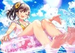  1girl ;d bare_arms bare_legs bare_shoulders barefoot bikini black_hair blue_sky brown_eyes cloud cloudy_sky day earrings floral_print flower hair_flower hair_ornament halter_top halterneck highres innertube jewelry long_hair looking_at_viewer matsuzaki_miyuki one_eye_closed open_clothes open_mouth open_shirt original outdoors shirt side_ponytail sidelocks sky sleeveless sleeveless_shirt smile solo sparkle sun sunflower sunlight swimsuit thighs water wet wet_clothes wet_shirt white_shirt yellow_bikini yellow_flower 