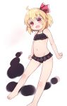  1girl absurdres ahoge bangs bikini black_bikini blonde_hair blush bow child commentary eyebrows_visible_through_hair fang flat_chest frilled_bikini frills hair_bow highres kibisake looking_at_viewer navel open_mouth red_eyes rumia short_hair simple_background solo standing swimsuit touhou 