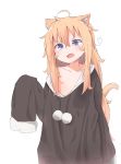  1girl ahoge animal_ears arm_at_side blonde_hair blue_eyes blush cat_ears cat_tail collarbone commentary_request eyebrows_visible_through_hair fang gabriel_dropout hair_between_eyes highres kemonomimi_mode long_hair looking_at_viewer messy_hair open_mouth piyomi simple_background sleeves_past_fingers sleeves_past_wrists solo tail tenma_gabriel_white v-shaped_eyebrows very_long_hair white_background 