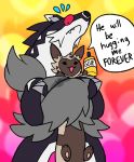  2019 ambiguous_gender anthro blitzdrachin bodily_fluids carrying comic duo feral flying_sweatdrops frown furret glue heartberry hi_res humor invalid_tag mammal mustelid nintendo obstagoon paws pok&eacute;mon pok&eacute;mon_(species) size_difference snout stuck sweat sweatdrop video_games wide_eyed worried 