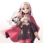  1girl artist_request axe blonde_hair blue_eyes cape cravat edelgard_von_hresvelg fire_emblem fire_emblem:_three_houses gloves hair_ornament hair_ribbon highres long_hair looking_at_viewer pantyhose red_cape ribbon simple_background smile solo uniform weapon white_background 
