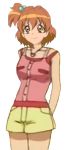  1girl 2018 brown_eyes brown_hair casual character_request closed_mouth female fresh_precure! hair_bobbles hair_ornament looking_at_viewer one_side_up poppun_lucia precure short_hair short_shorts shorts smile solo tank_top yamabuki_inori yellow_shorts 