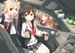  4girls ahoge bangs black_hair black_ribbon black_serafuku blonde_hair blue_eyes blush braid breasts brown_eyes brown_hair bubble_tea car car_interior closed_mouth commentary_request cup day drink drinking drinking_straw eyebrows_visible_through_hair ground_vehicle hair_between_eyes hair_flaps hair_ornament hair_over_shoulder hair_ribbon hairband hairclip holding holding_cup jewelry kantai_collection light_brown_hair long_hair looking_at_viewer medium_breasts motor_vehicle multiple_girls murasame_(kantai_collection) neckerchief necklace open_mouth peeking_out red_eyes red_neckwear remodel_(kantai_collection) ribbon sailor_collar scarf school_uniform serafuku shigure_(kantai_collection) shiratsuyu_(kantai_collection) single_braid smile standing tree twintails two_side_up white_scarf yume_no_owari yuudachi_(kantai_collection) 