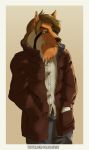  2019 absurd_res anthro balaclavacat biped canid canine canis cel_shading cigarette clothed clothing collie detective digital_media_(artwork) domestic_dog facial_hair fur hair herding_dog hi_res male mammal noir pastoral_dog rough_collie sheepdog simple_background simple_shading solo standing trenchcoat url vintage 