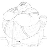  1:1 anthro belly big_belly biped black_and_white bodily_fluids canid canine chubby_cheeks clothed clothing double_chin facial_markings fur head_markings hi_res hoe holding_object holding_tool male mammal markings mask_(marking) monochrome morbidly_obese obese obese_male one_eye_closed overweight overweight_male raccoon_dog ringtail saintdraconis simple_background smile solo standing suspenders sweat sweatdrop tanuki thick_thighs tools white_background wide_hips wink 