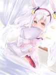  1girl animal_ears azur_lane bunny_ears commentary_request covered_mouth curtains fake_animal_ears highres hug jacket knees_together_feet_apart laffey_(azur_lane) long_hair nissi object_hug off_shoulder pillow pillow_hug pink_jacket purple_pillow red_eyes red_skirt silver_hair sitting skirt solo strap_slip tank_top thighhighs twintails very_long_hair white_legwear white_tank_top window 