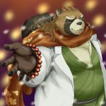 1:1 2019 anthro biped brown_fur canid canine clothing fur gyobu hi_res humanoid_hands male mammal one_eye_closed overweight overweight_male raccoon_dog robe scar siroihigenokoi solo tanuki tokyo_afterschool_summoners video_games wink 