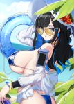  1girl ass bandaid bangs bikini black_hair blue_bikini blue_eyes blush breasts cellphone flower frilled_bikini frills hat hat_flower holding huge_breasts innertube jacket long_hair looking_at_viewer off_shoulder open_mouth original phone smartphone solo sun_hat sunglasses swimsuit tin_can xiujia_yihuizi 