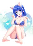  1girl animal_ears ao_no_rupika barefoot beatmania beatmania_iidx bikini blue_bikini blue_eyes blue_hair blush breasts cat_ears collarbone commentary_request eyebrows_visible_through_hair fake_animal_ears fang head_tilt heart heart_background highres large_breasts looking_at_viewer open_mouth paw_pose polka_dot polka_dot_bikini side-tie_bikini sitting solo stardrop swimsuit white_background 