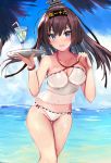  1girl :d ahoge akizuki_(kantai_collection) alternate_costume bikini bikini_tug black_hair blue_eyes blue_sky blush breasts camletoe cloud cup day eriyama_(user_csua4255) groin hachimaki hair_ornament headband highres holding holding_tray kantai_collection long_hair looking_at_viewer navel open_mouth outdoors ponytail see-through sky smile solo stomach swimsuit tray white_bikini wristband 