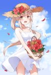  1girl absurdres alternate_costume ayanami_(azur_lane) azur_lane bangs bare_arms bare_legs bare_shoulders basket blue_sky blush breasts cloud collarbone commentary_request cowboy_shot day dress falling_petals flower flower_basket hair_between_eyes hat hat_flower hibiscus highres holding holding_basket long_hair long_ponytail looking_at_viewer okappa_(bobbed001) open_mouth outdoors platinum_blonde_hair ponytail sidelocks sky small_breasts smile solo standing straw_hat sun_hat sundress white_dress yellow_eyes 