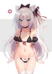  1girl anger_vein animal_ears azur_lane bangs black_bra black_panties blue_eyes blush bow bow_bra bow_panties bra breasts cat_ears clenched_teeth collar commentary_request detached_sleeves floating_hair frilled_panties frills front-tie_bra frown hair_bow hair_ribbon hammann_(azur_lane) highres long_hair looking_at_viewer navel panties parted_lips pokachu puffy_short_sleeves puffy_sleeves red_bow red_collar red_ribbon ribbon short_sleeves silver_hair small_breasts solo standing teeth thighhighs tsundere underwear very_long_hair white_legwear wrist_cuffs 