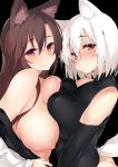  2girls animal_ear_fluff animal_ears ass asymmetrical_docking black_background black_shirt blush bottomless breast_press breasts breasts_outside brown_hair closed_mouth detached_sleeves fox_ears fox_tail from_side hair_between_eyes imaizumi_kagerou inubashiri_momiji large_breasts long_hair multiple_girls nipples no_bra nose_blush off_shoulder red_eyes shirt short_hair simple_background smile tail tera_zip touhou white_hair 