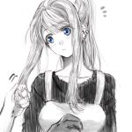  /\/\/\ 1girl :&lt; apron arms_at_sides bangs black_dress blue_eyes blue_theme blush breasts collarbone dress earrings expressionless eyebrows_visible_through_hair eyelashes eyes_visible_through_hair fingernails fullmetal_alchemist gloves greyscale hair_grab hands head_tilt jewelry long_hair long_sleeves looking_to_the_side medium_breasts monochrome ponytail simple_background solo spot_color surprised tsukuda0310 white_background winry_rockbell 