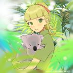  1girl animal bangs blurry_foreground brown_shirt commentary day english_text girls_und_panzer hair_ribbon holding holding_animal koala koala_forest_military_uniform looking_at_viewer medium_hair outdoors palm_tree parted_lips ponytail red_ribbon ribbon shirt short_sleeves solo standing sumiredoljo tree wallaby_(girls_und_panzer) 